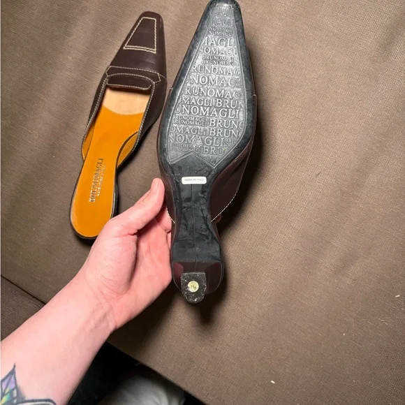 Bruno Magli Dark Brown Leather Square-Toe Slip-On Mules - Picture 6 of 7